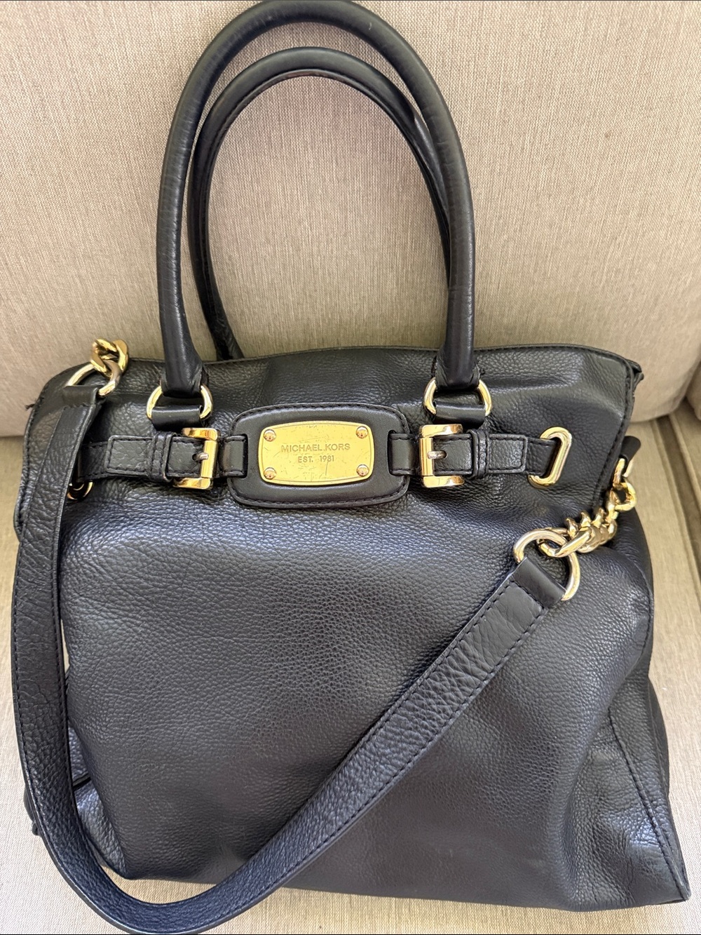 Michael Kors Black Leather Shoulder Bag with Gold Hardware